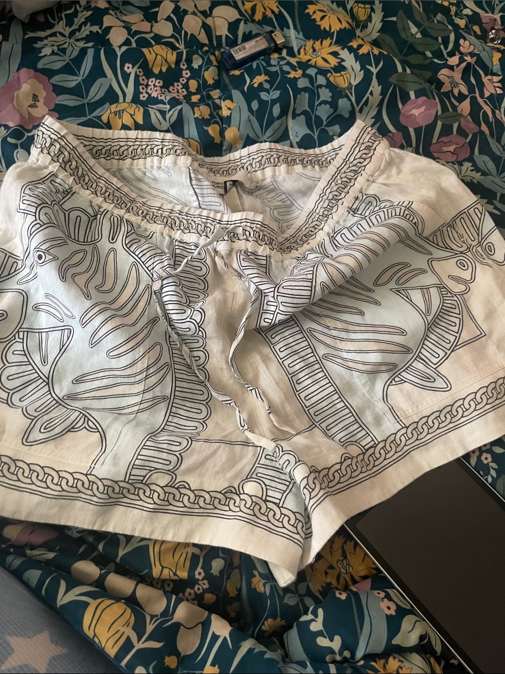 Tory Burch White High-Waist Drawstring Shorts with Navy Fish Print
